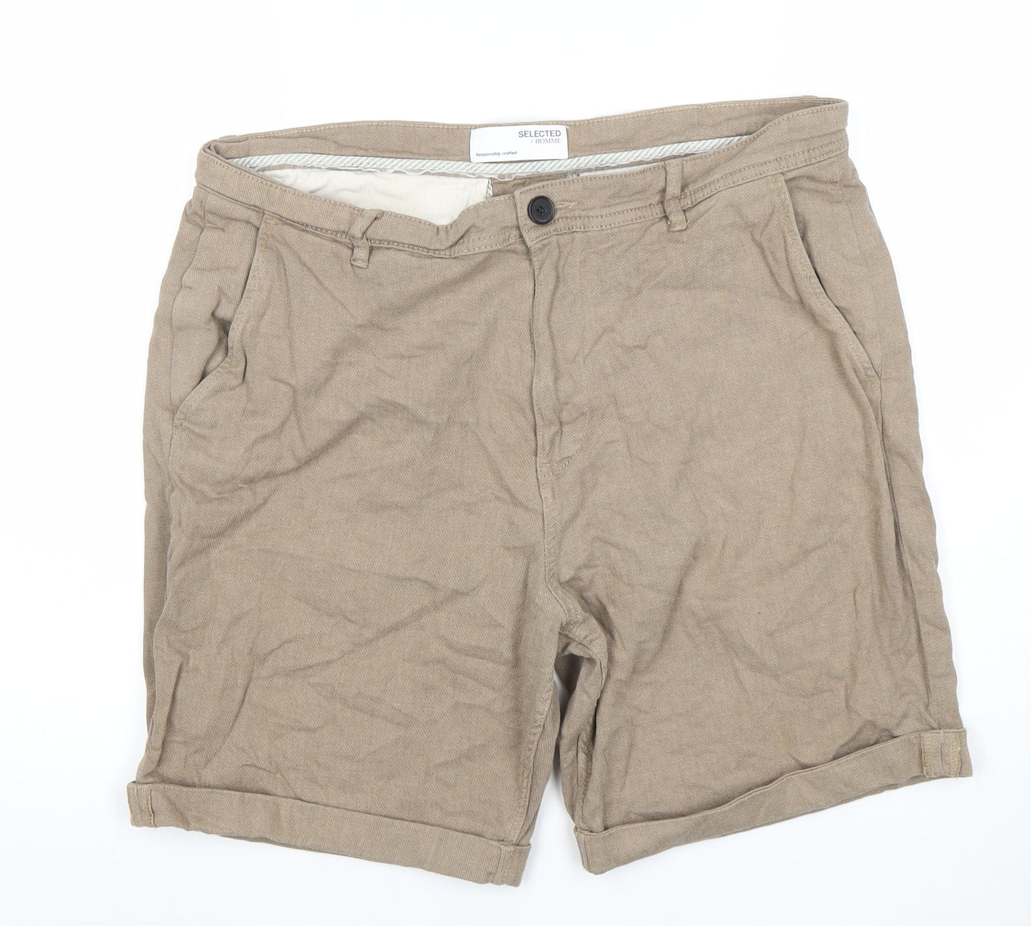 Selected Homme Men's Beige Chino Shorts L Linen Cotton Blend Casual