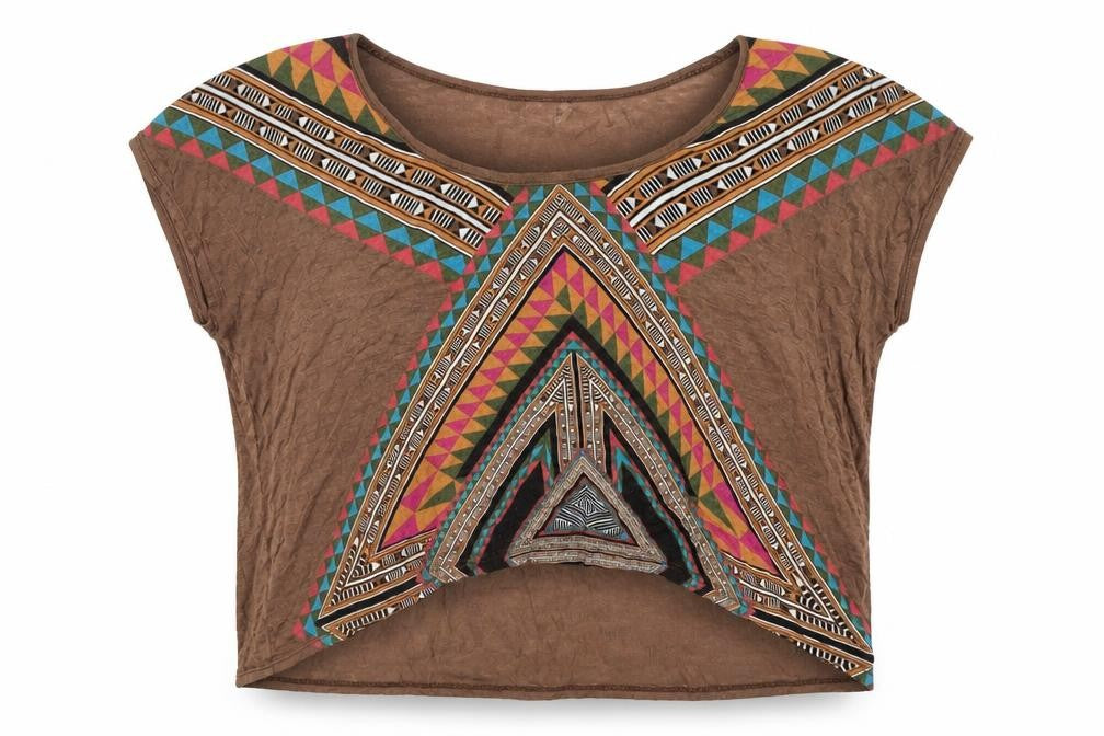 WkShp Women's Brown Aztec Geometric Cropped T-Shirt in Rayon Blend Size S