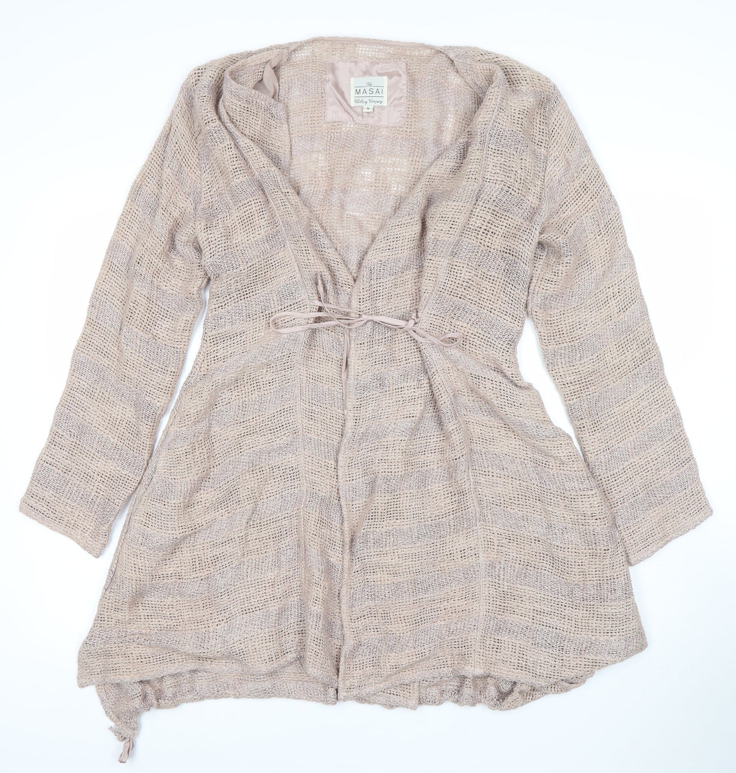 Masai Women Beige Open-Knit Belted Cardigan Size S Lightweight