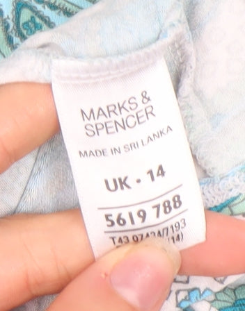 Marks and Spencer Women’s Blue Paisley Scoop Neck Short Sleeve Stretch T-Shirt Size 14