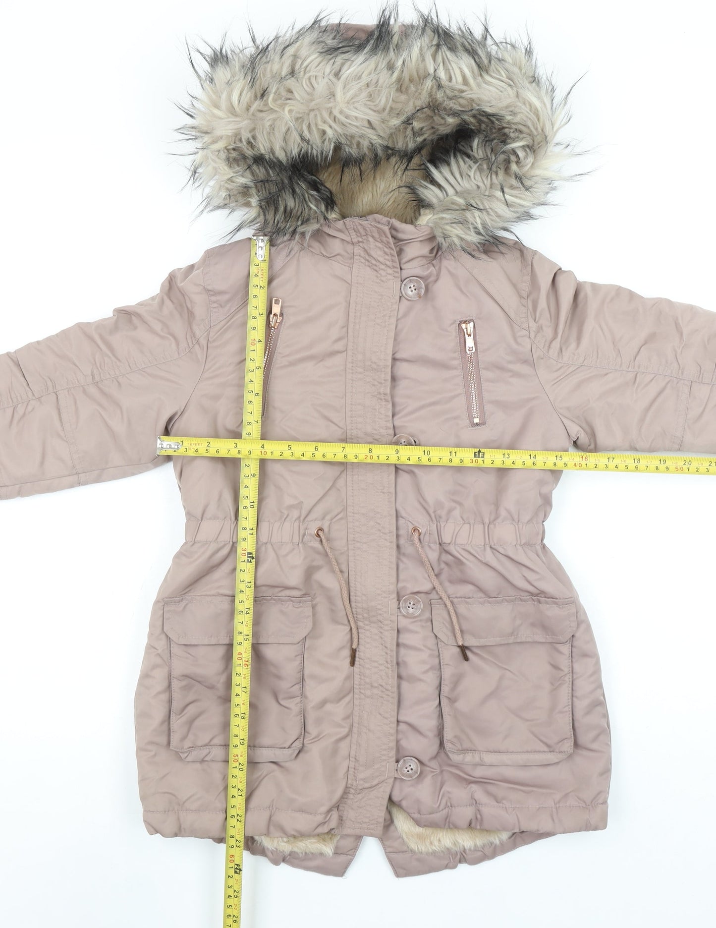 Next Girls Beige Faux Fur Hooded Long Parka Coat 8 Years