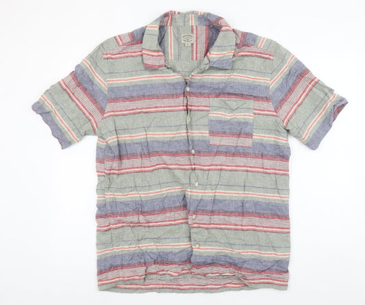 Next Men’s Multicoloured Striped Linen Blend Short Sleeve Button-Up Shirt L