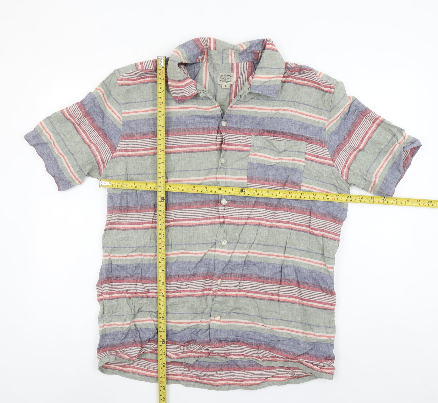 Next Men’s Multicoloured Striped Linen Blend Short Sleeve Button-Up Shirt L