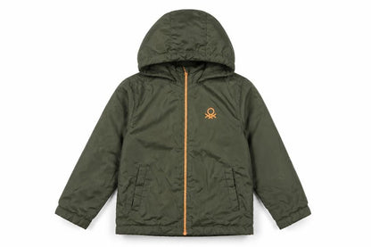 Front view of United Colors of Benetton boys’ green hooded puffer jacket, size 6-7, years