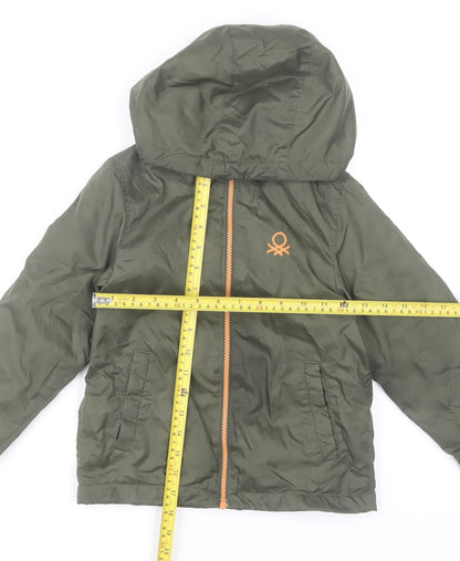 Back view of United Colors of Benetton boys’ green hooded puffer jacket, size 6-7, years
