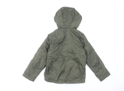 Close-up detail of United Colors of Benetton boys’ green hooded puffer jacket, size 6-7, years
