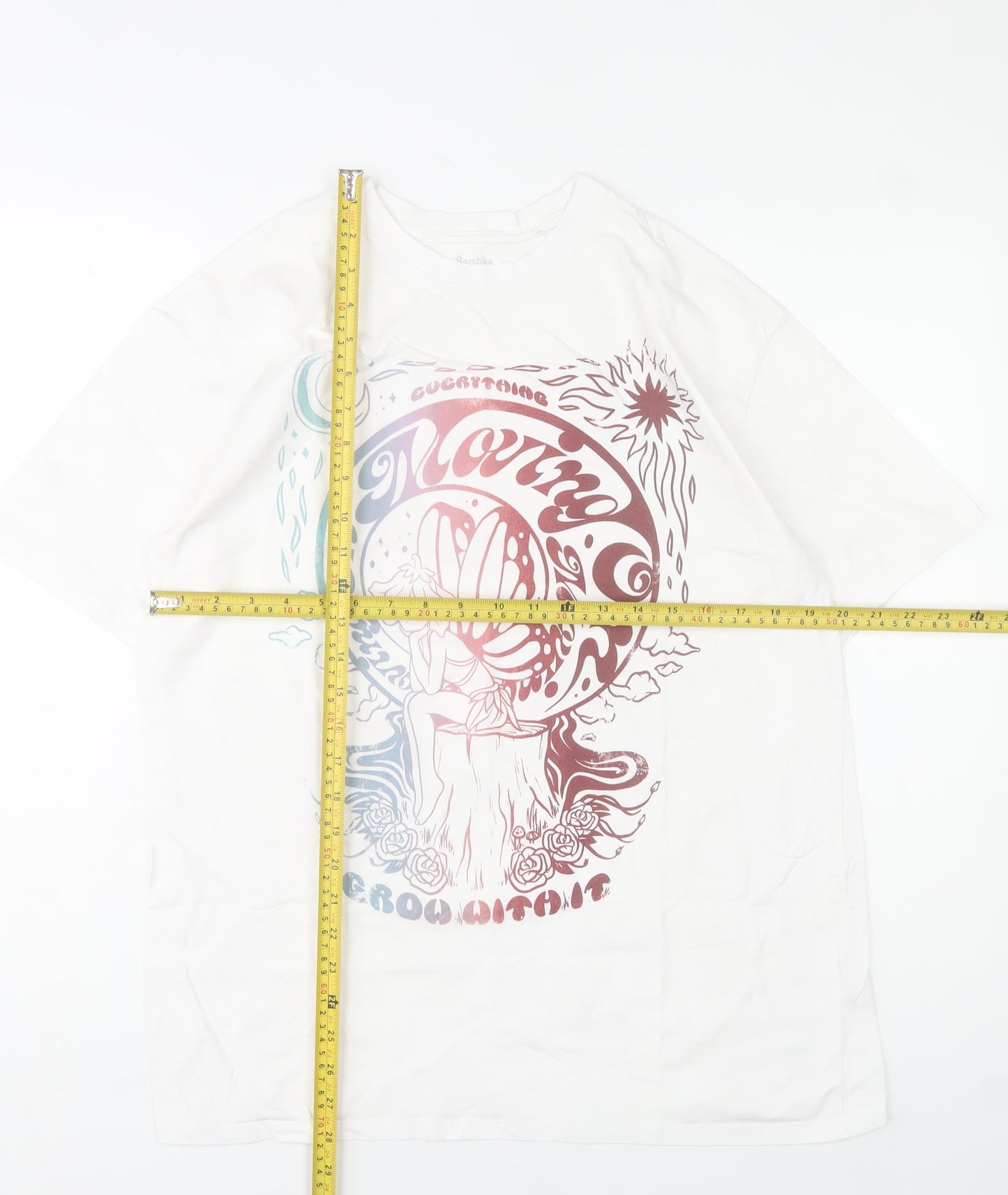 Bershka Men's White Fairy Graphic Print Cotton T-Shirt Size M