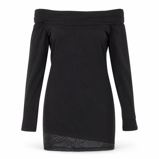 Front view of ASOS Women’s Black Off Shoulder Long Sleeve Stretch Bodycon Dress, size UK 12-14