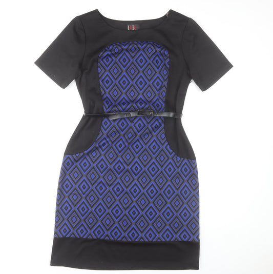 R&K Originals Women's Blue Geometric Sheath Dress Size 10 Short Sleeve Belted