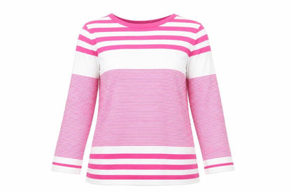 Front view of Gallery Women's Pink & White Striped 3/4 Sleeve jumper, size S