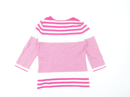Close-up detail of Gallery Women's Pink & White Striped 3/4 Sleeve jumper, size S