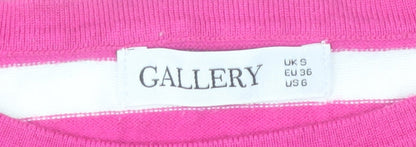 Brand and care label for Gallery Women's Pink & White Striped 3/4 Sleeve jumper, size S