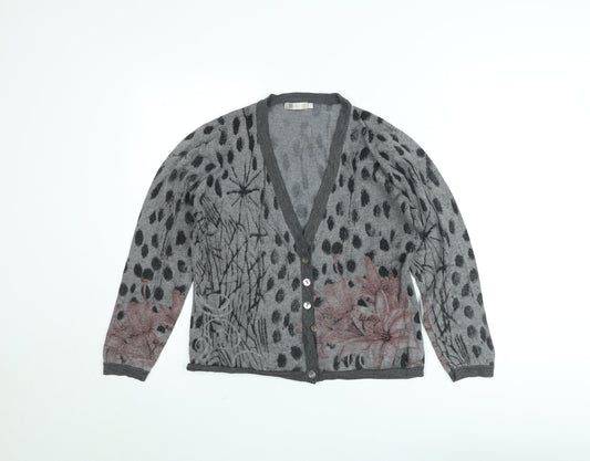 Christina Lehr Women's Grey Floral Wool Cashmere Cardigan M