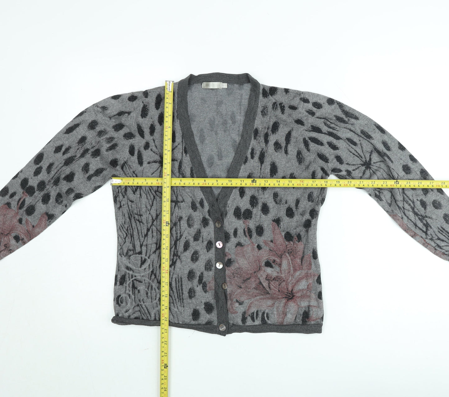 Christina Lehr Women's Grey Floral Wool Cashmere Cardigan M