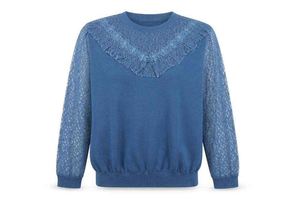 Savida Women Blue Lace Long Sleeve Pullover Jumper Size M