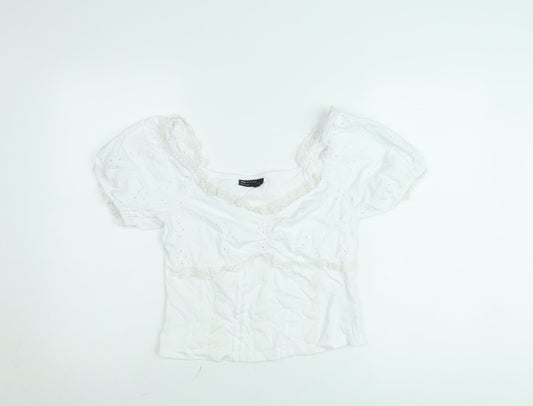 ASOS DESIGN Women's White Cropped Puff Sleeve Cotton Blouse M