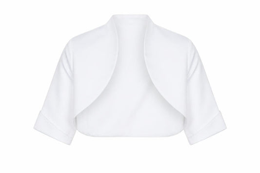 Front view of Paul Costelloe girls’ white satin bolero shrug blouse 8 years formal wear