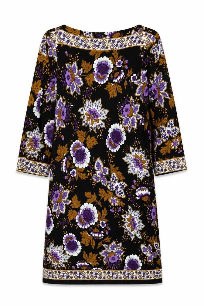 Gallery Women Black Floral Shift Dress Size 14 3/4 Sleeve Boho Style