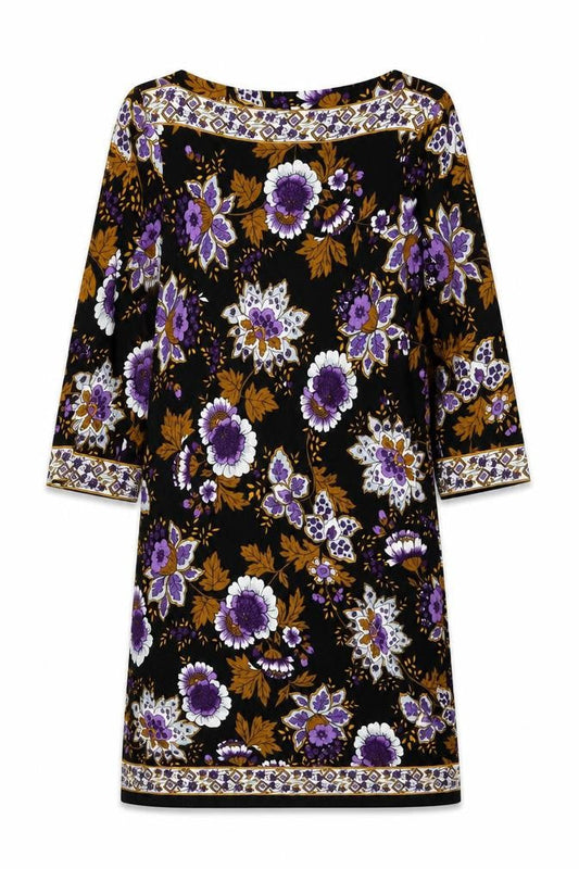 Front view of Gallery Women Black Floral Shift Dress, size 14, 3/4 Sleeve Boho Style