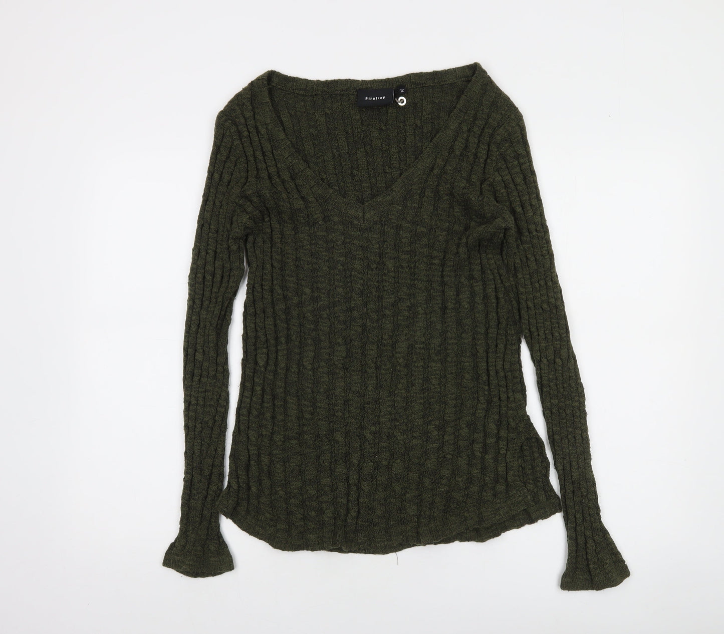 Firetrap Women's Green Wool Blend V-Neck Slim Fit Jumper Size 12