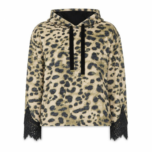 River Island Womens Beige Leopard Print Hooded Pullover XS Lace Trim