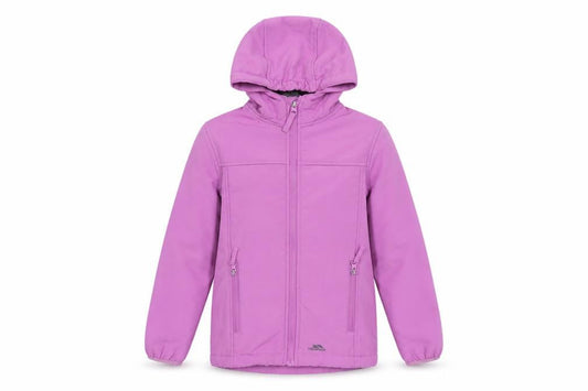 Front view of Trespass girls’ purple softshell hooded jacket 5-6 years waterproof lined