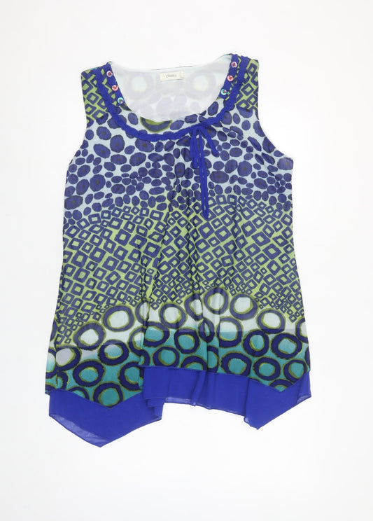Evanna Womens Blue Geometric Chiffon Sleeveless Tunic Blouse Size L
