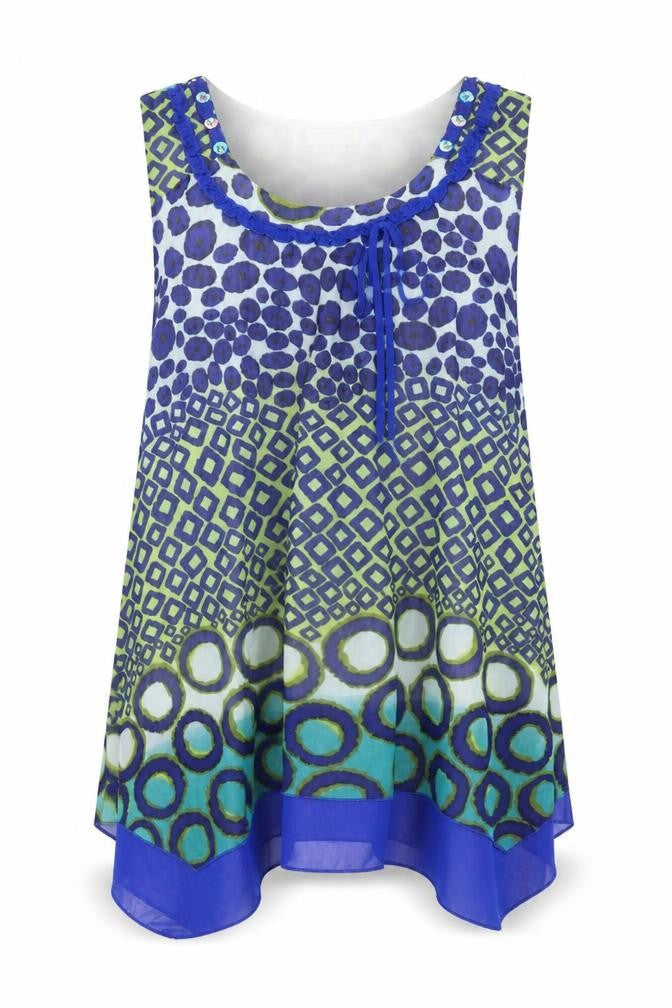 Evanna Womens Blue Geometric Chiffon Sleeveless Tunic Blouse Size L