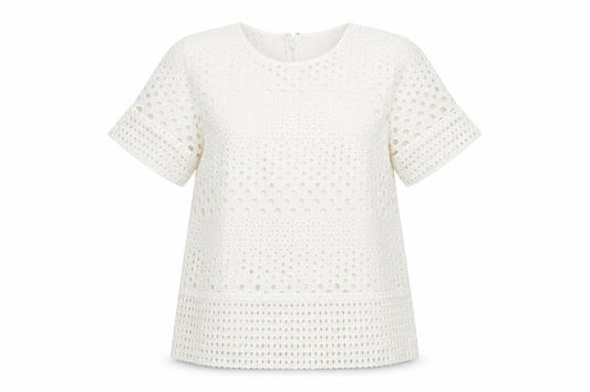 Front view of Michael Kors Women's Ivory Cotton Lace Short Sleeve Blouse M