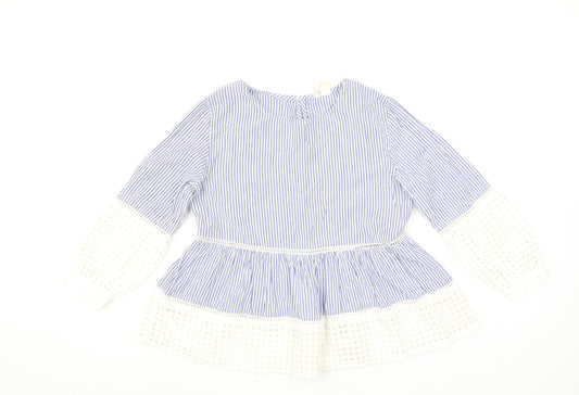 Japna Women's Blue Striped Cotton Tunic Blouse Long Sleeve S