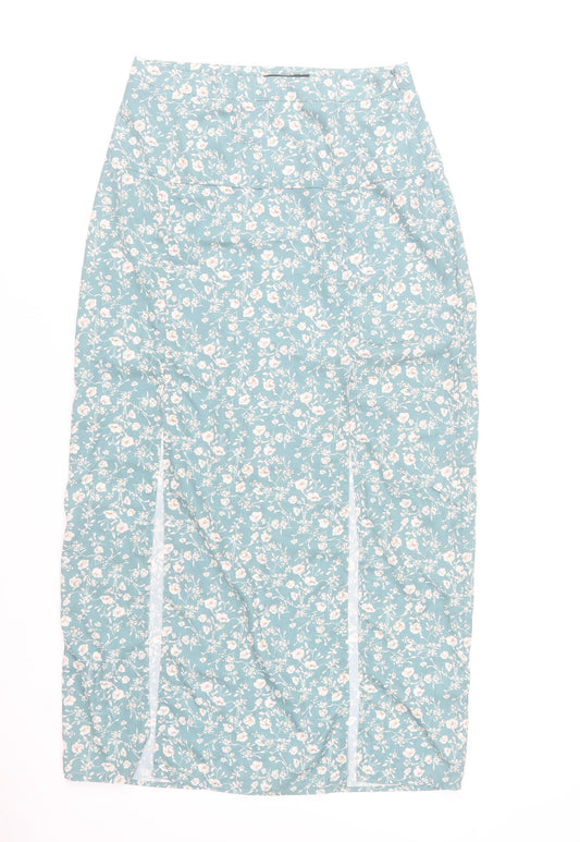 Nasty Gal Women Blue Floral Midi Pencil Skirt UK 10 High Waist