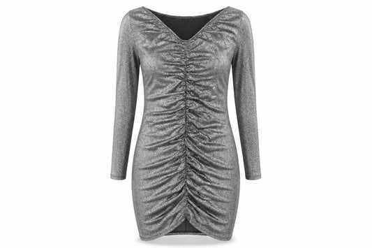 Front view of Missguided Women's Silver Off Shoulder Ruched Bodycon Party Dress UK 6