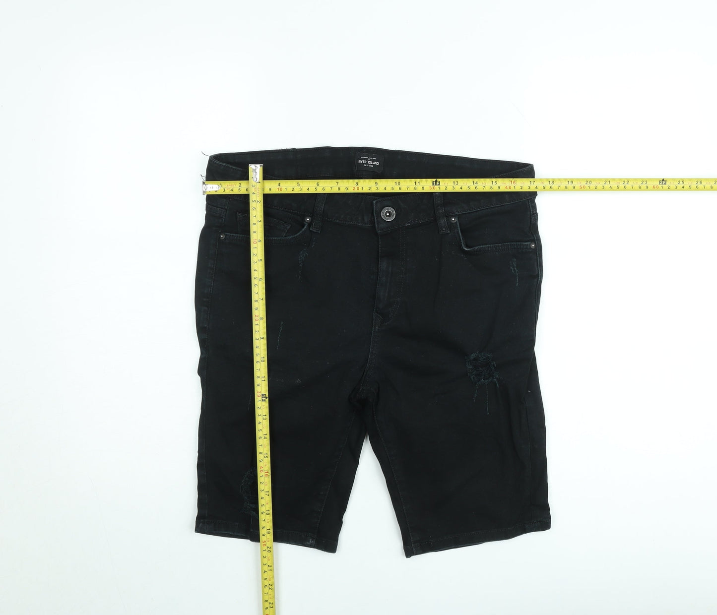 River Island Men's Black Distressed Denim Shorts Size 34 Relaxed Fit