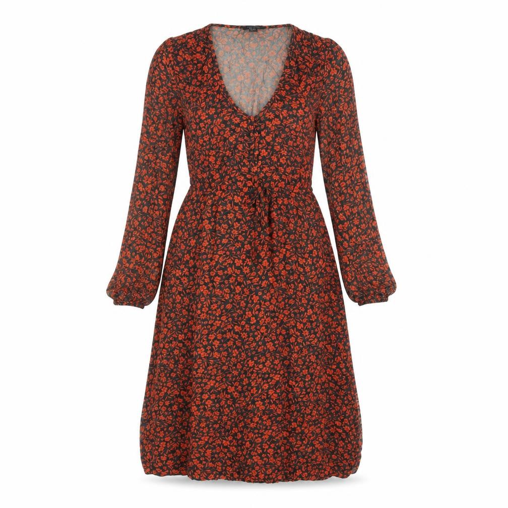 New Look Women’s Black Red Floral Midi Wrap Dress Size 6 Long Sleeve