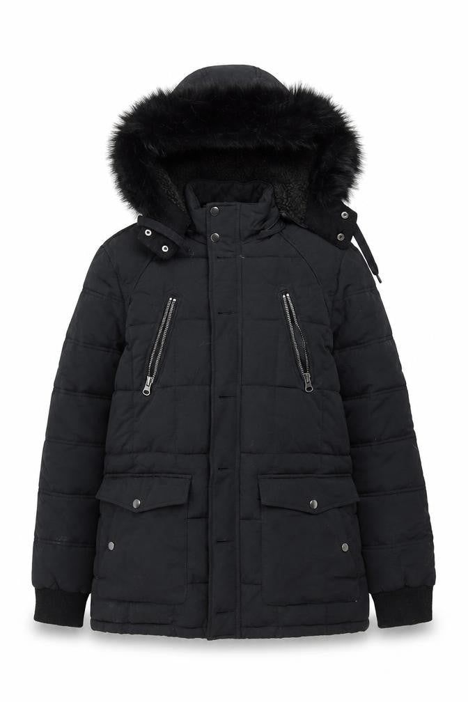 River Island Womens Black Fur Trim Hooded Puffer Jacket Size M