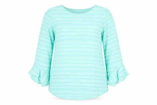 Front view of Dunnes Women Blue Striped Ruffle Long Sleeve Tunic Blouse, size 12