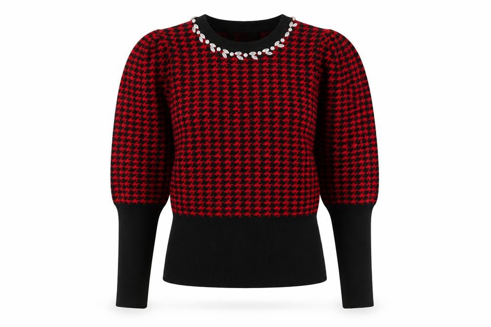 Savida Women’s Red & Black Houndstooth Puff Sleeve Jumper M