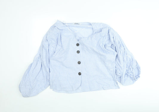 ZARA Women Blue Striped Cropped Puff Sleeve Blouse XS