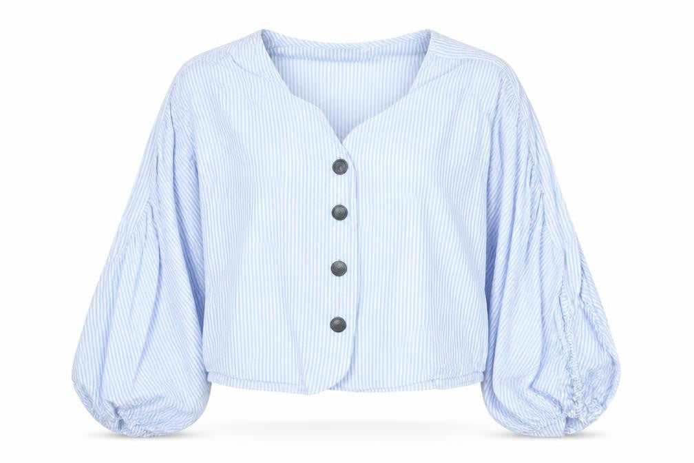 Zara Women Blue Striped Cropped Puff Sleeve Blouse XS