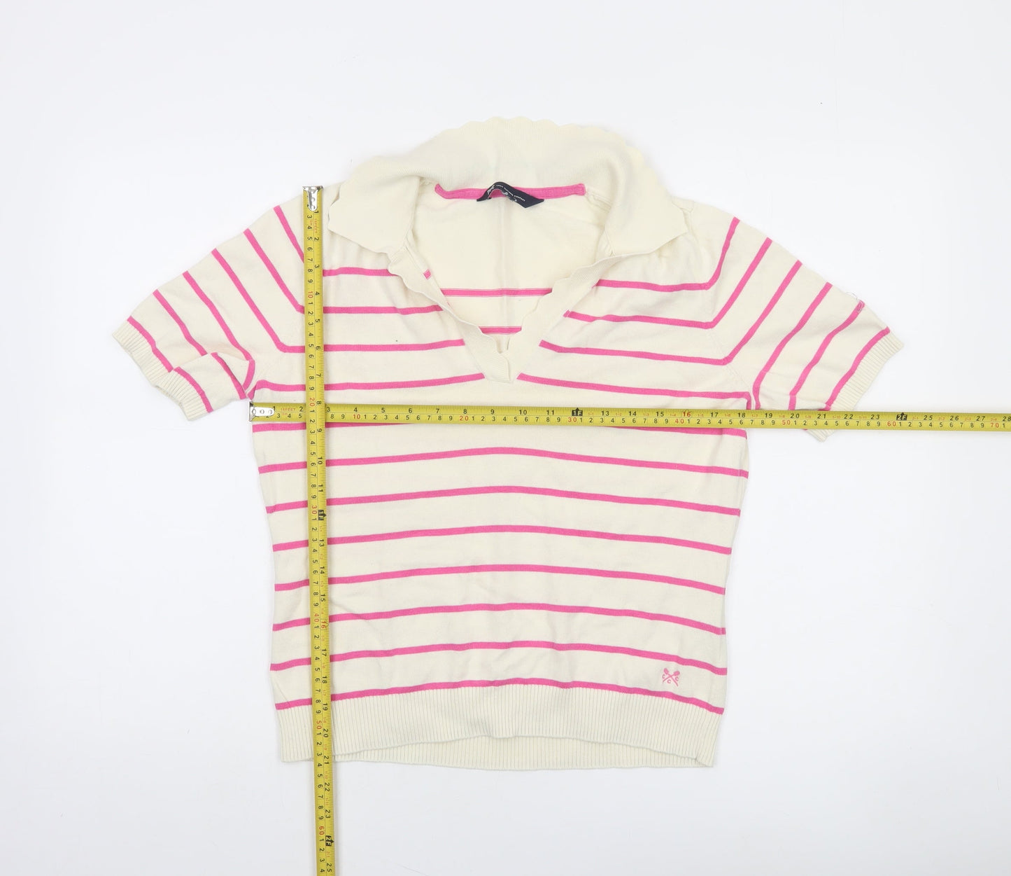 Crew Clothing Company Women’s Ivory Pink Striped Cotton V-Neck Jumper Size 12