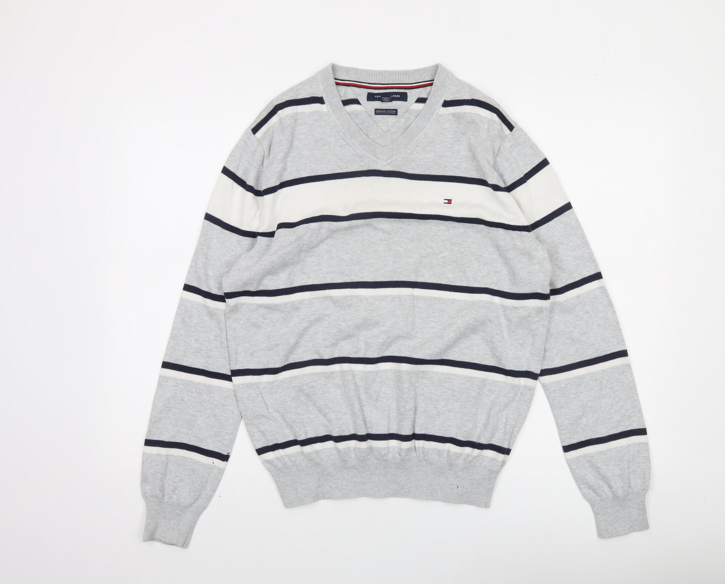 Tommy Hilfiger Men’s Grey Striped Cotton V-Neck Jumper Size S