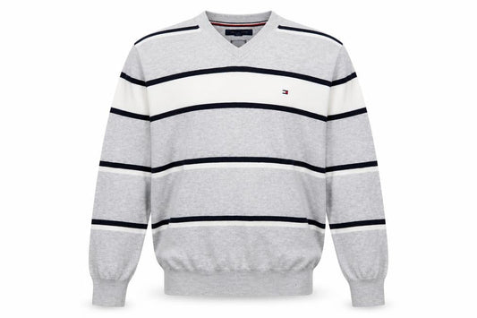 Tommy Hilfiger Men’s Grey Striped Cotton V-Neck Jumper Size S