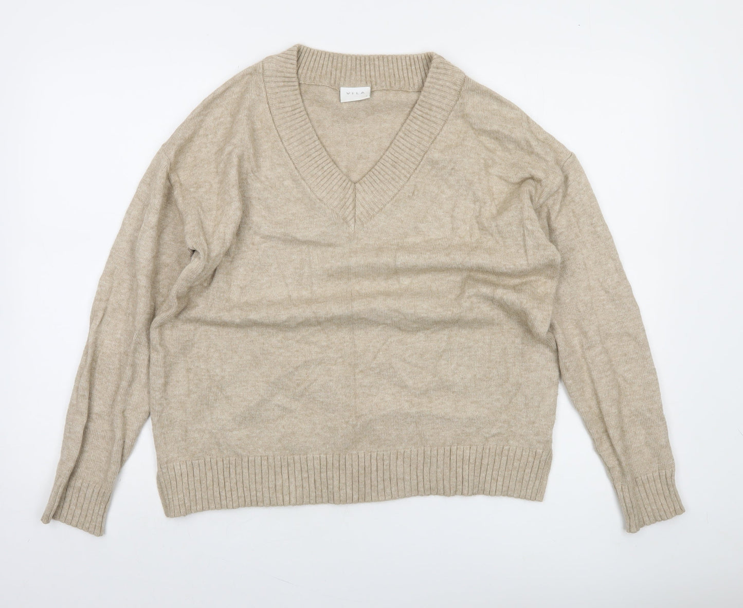 Vila Women Beige V-Neck Knit Pullover Jumper Size S