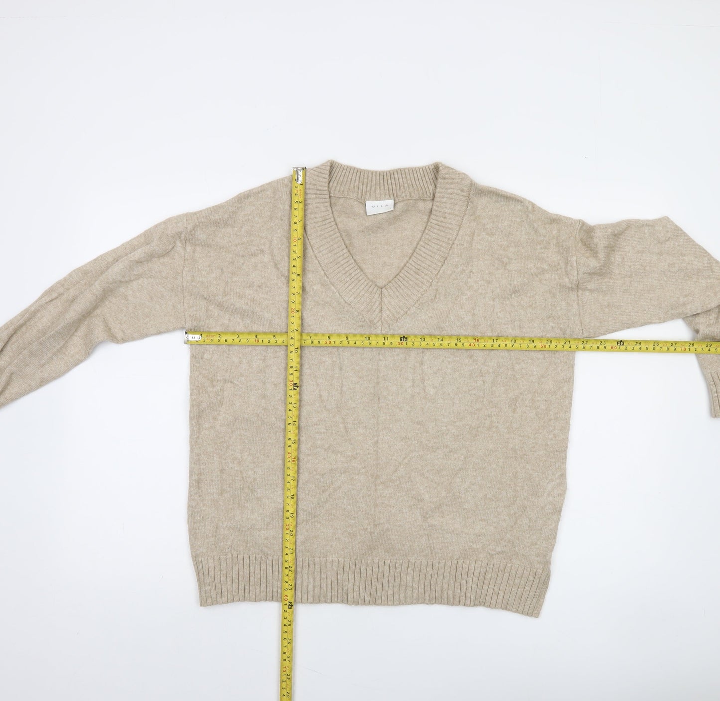 Vila Women Beige V-Neck Knit Pullover Jumper Size S