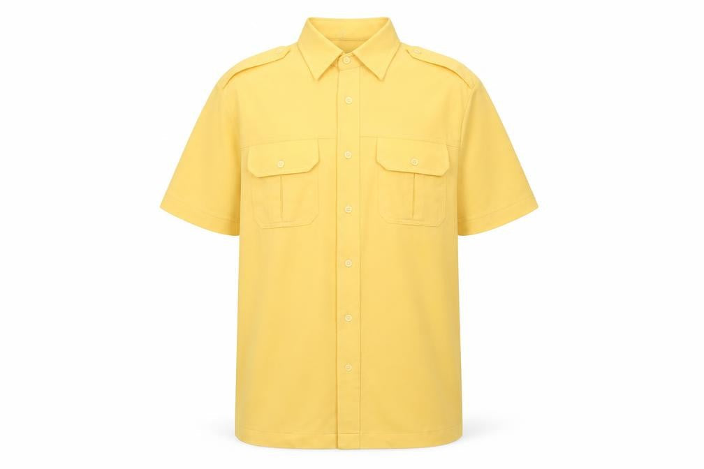 Front view of C&A Men's Yellow Classic Short Sleeve Button-Up Shirt 44in Polyester