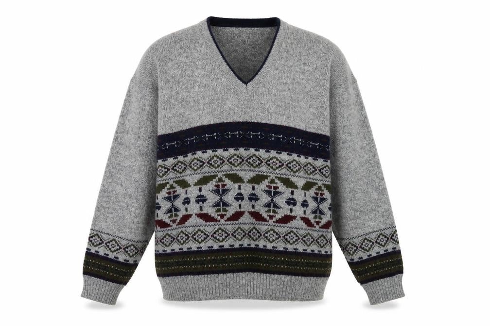 Invicta Men's Grey Fair Isle Wool Blend V-Neck Jumper Size L