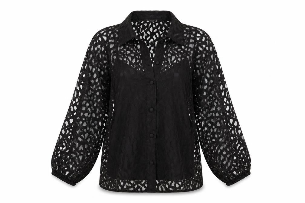 Savida Women’s Black Lace 3/4 Sleeve Collared Blouse Size 12
