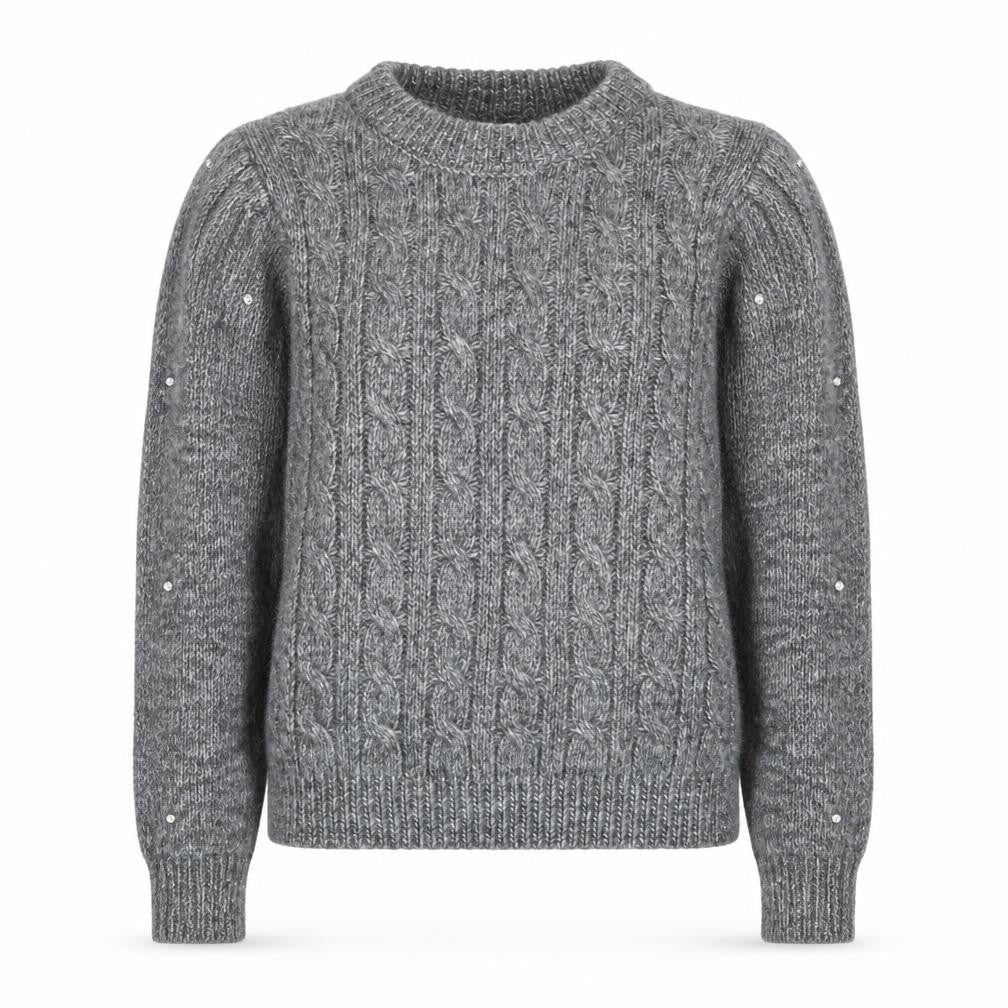 MNG Women's Grey Cable-Knit Beaded Pullover Jumper XS