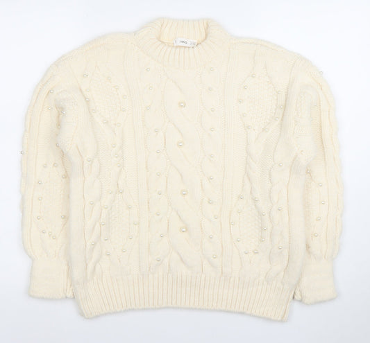 Mango Womens Ivory Cable-Knit Jumper XS Beaded Pearl Detail