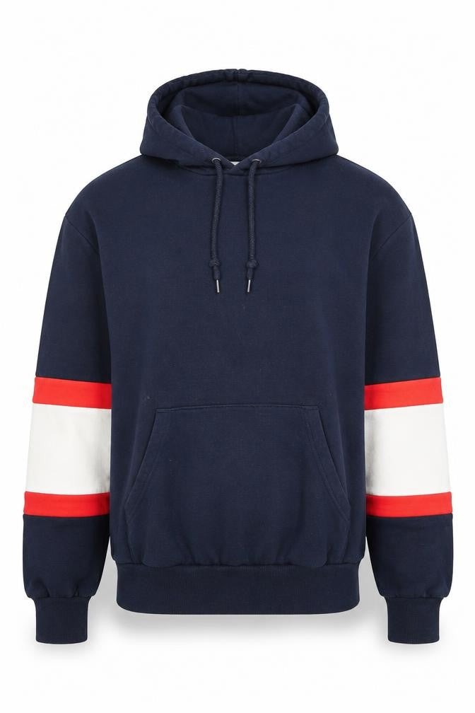 Monki Unisex Blue Small Pullover Hoodie with Red Stripe Sleeves
